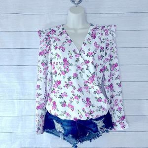 Wrap Front V Neck Puff Sleeve Ruffled Shoulders Floral Print Blouse 💗
